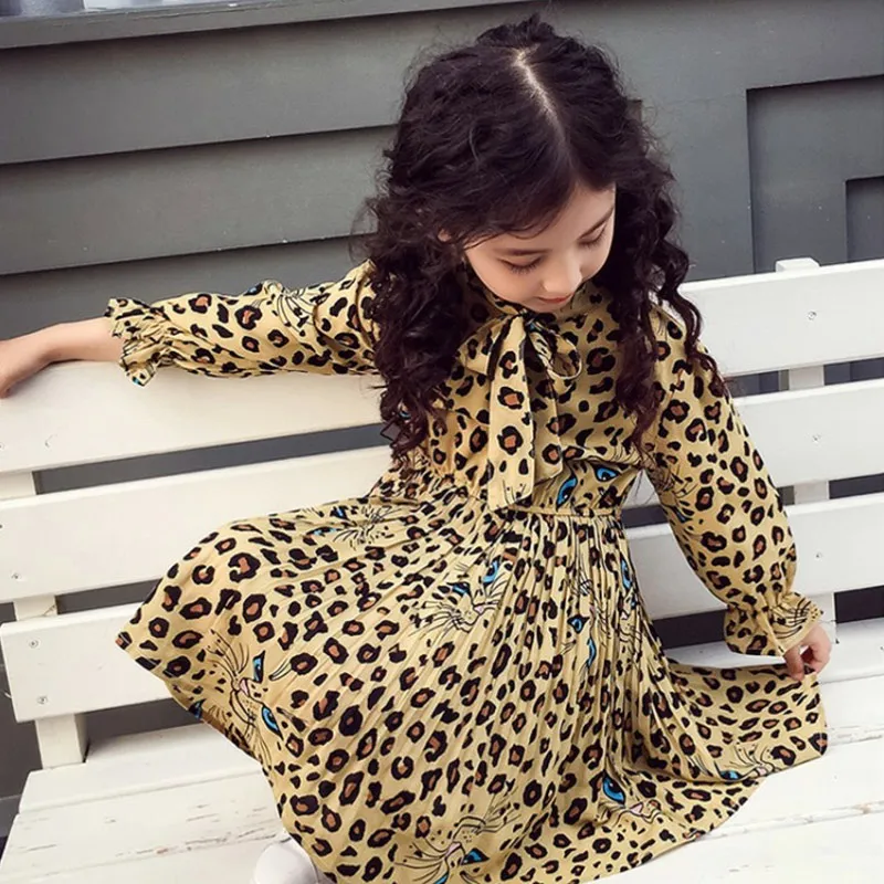 Spring Autumn girls dress Baby pleated kids Children vestidos ruched sleeve lacing leopard print 4 to 14 yrs | Детская одежда и