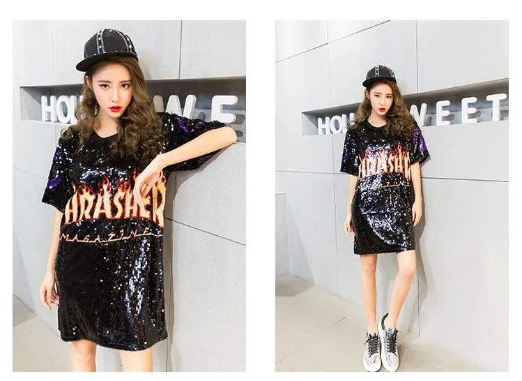 Платье с блестками и надписью в стиле панк женское Повседневное платье футболка