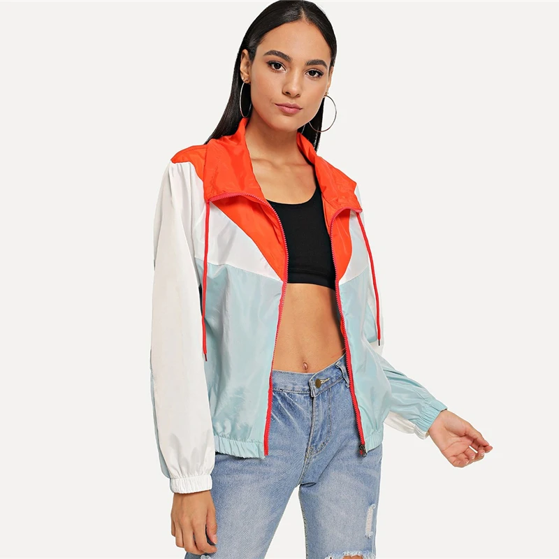 SweatyRocks цветная ветровка с завязками, куртка на молнии, повседневная одежда для активного отдыха, пальто и куртки, женские весенне-осенние Топы