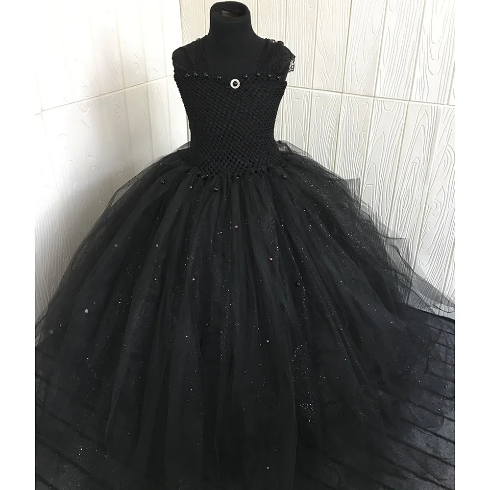 Black V-neck Fluffy Girl Tutu Dress Princess Elegant Baby Birthday Evening Party Tulle Dresses with Pearls For Photos | Детская одежда