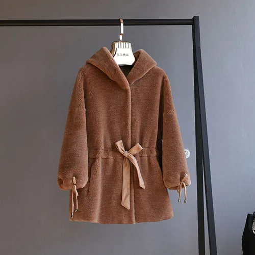 red brown OFTBUY, зимняя женская куртка, пальто из натурального меха, натуральный мех, с капюшоном, Овечья стрижка, пальто для женщин, гранулы, овечья шерсть, уличная одежда - Цвет: red brown