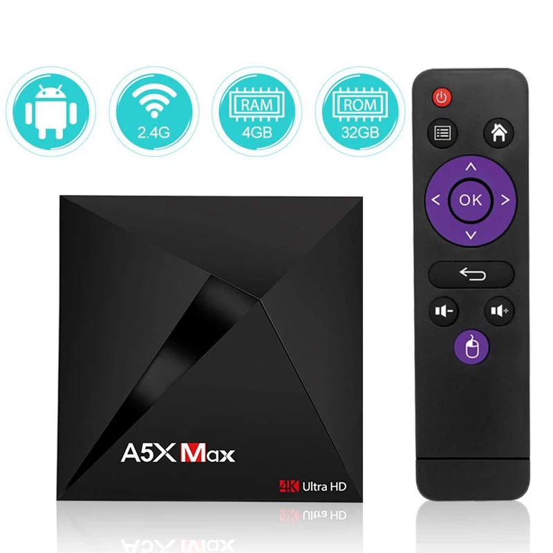 Android Tv Box A5X Max 4 ГБ ОЗУ 32 Гб ПЗУ Rk3328 четырехъядерный Bluetooth4.0 2 4G/5 8G двухдиапазонный Wifi