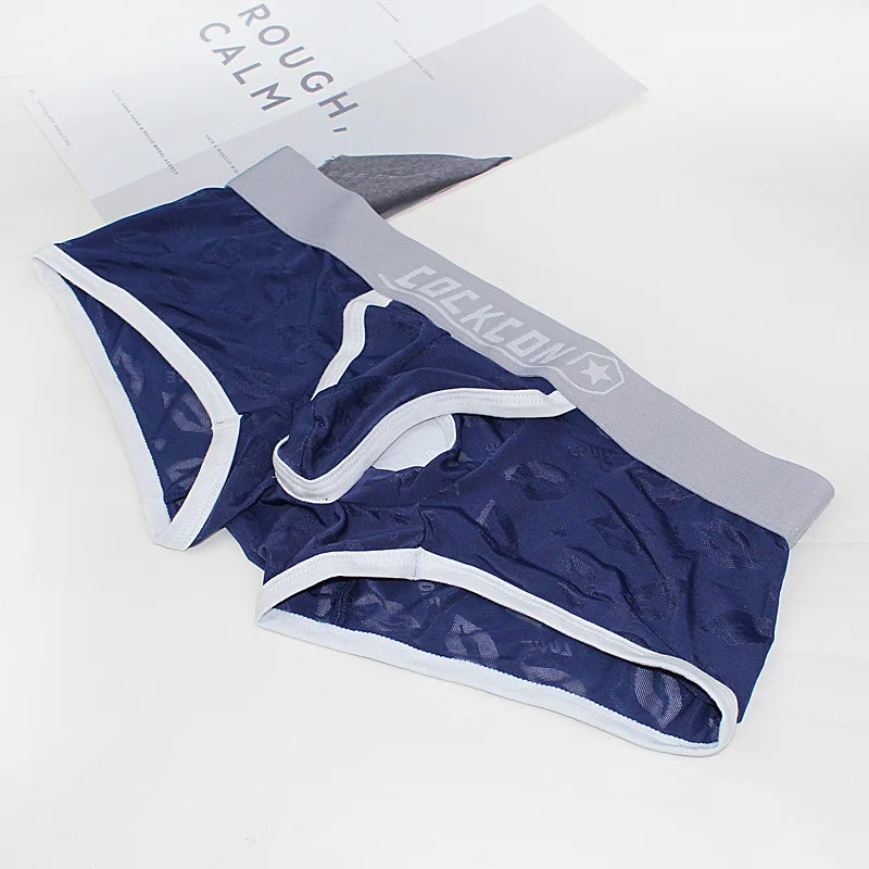 Navy Blue Cockcon сексуальное мужское нижнее белье с отверстием для пениса раздельные мешочки Боксеры Шорты мужские льняные шелковые трусики дышащие трусы с низкой талией тонкие - Color: Navy Blue