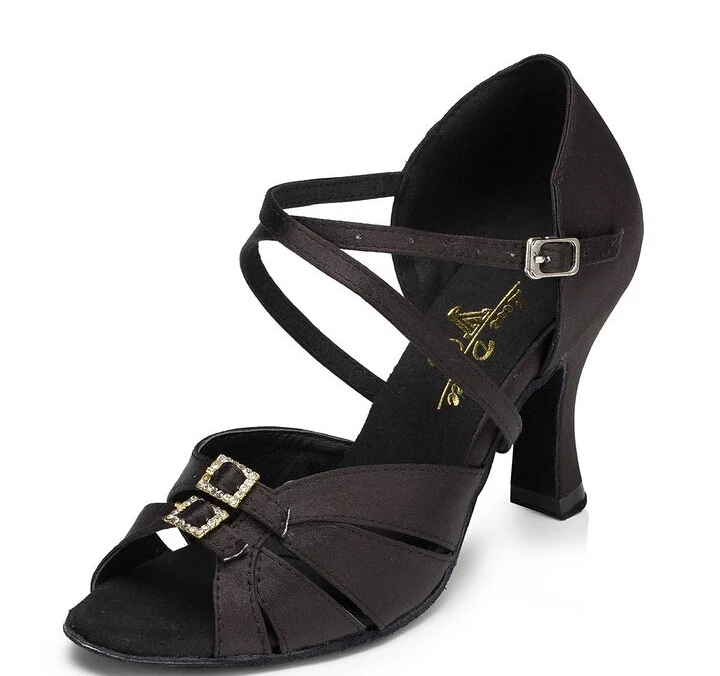 Новинка женские черные атласные туфли со стразами и пряжками для сальсы бальных