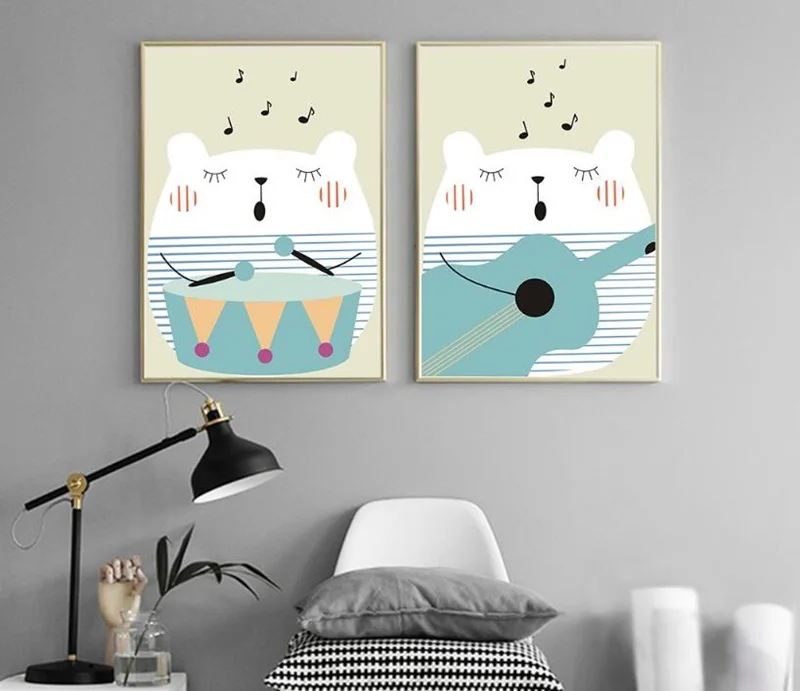 

Nordic Cartoon Bear Paying Music Canvas Painting Modern Home Decoration Living Room Cute Animals Wall Art Posters and Prints