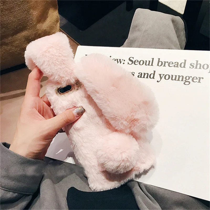 3D Cute Rabbit Hairy Warm Fur Bling Rhinestone Bunny Cover Case For iPhone X xs max xr 10 4 5 5S SE 6 6S 7 8 Plus Soft TPU Shell |