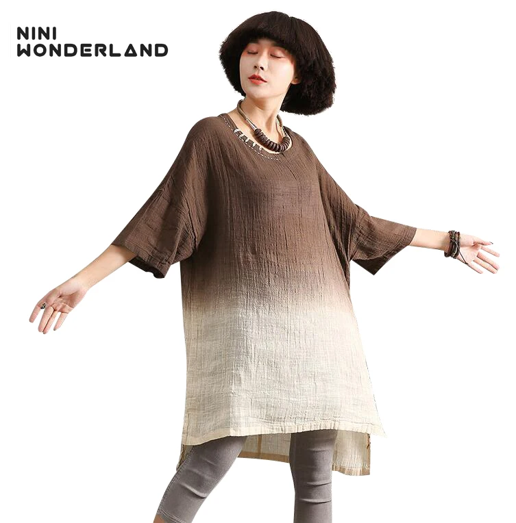 NINI WONDERLAND Новая летняя хлопковая льняная длинная футболка размера плюс