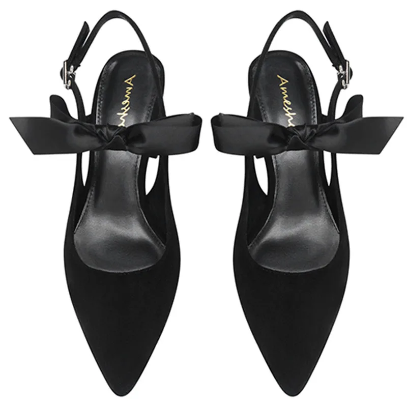 Женские вечерние туфли с бантом AME черные на массивном высоком каблуке 6 см 11811ABX2058