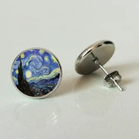 fashion silver color simple style earings van gogh famous artist starry night stud earrings glass cabochon jewelry women gifts