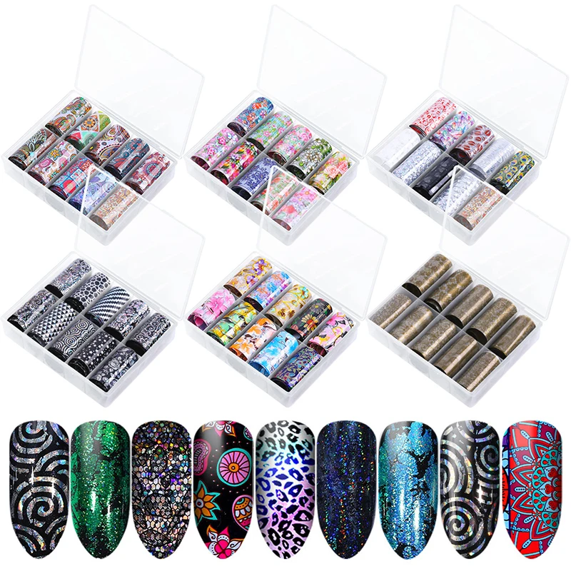 

10Rolls/Pack nail art sticker starry sky hot transfer laser nail foil flower star Leopard Print DIY manicure nail sticker MZ148