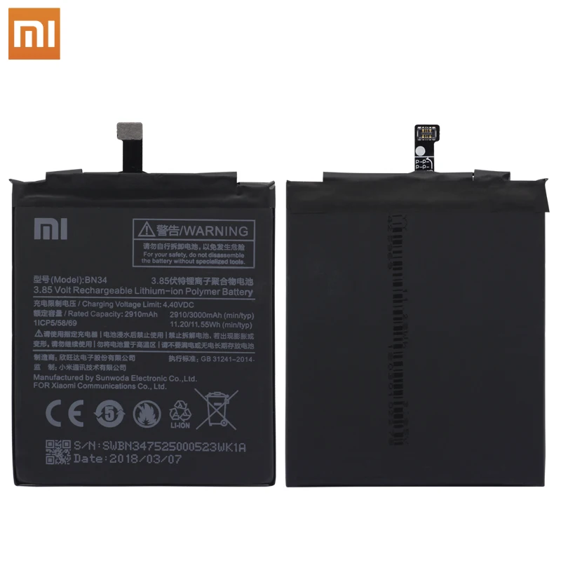 Сменный аккумулятор для телефона Xiao mi BN34, 2910 мА/ч, высокая емкость для Xiao mi Red mi 5A 5,"+ Бесплатные инструменты