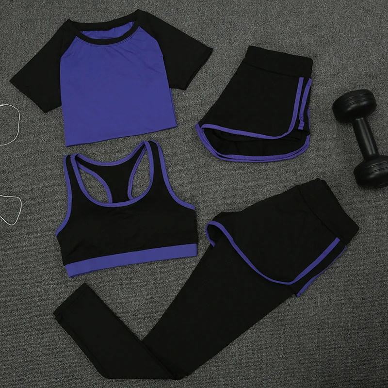 Umlife 4 шт. Для женщин Фитнес Йога бюстгальтер футболка и Брюки для девочек спортивный костюм Лоскутная