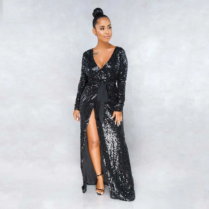 Женское длинное вечернее платье с V-образным вырезом и длинным рукавом | Женская