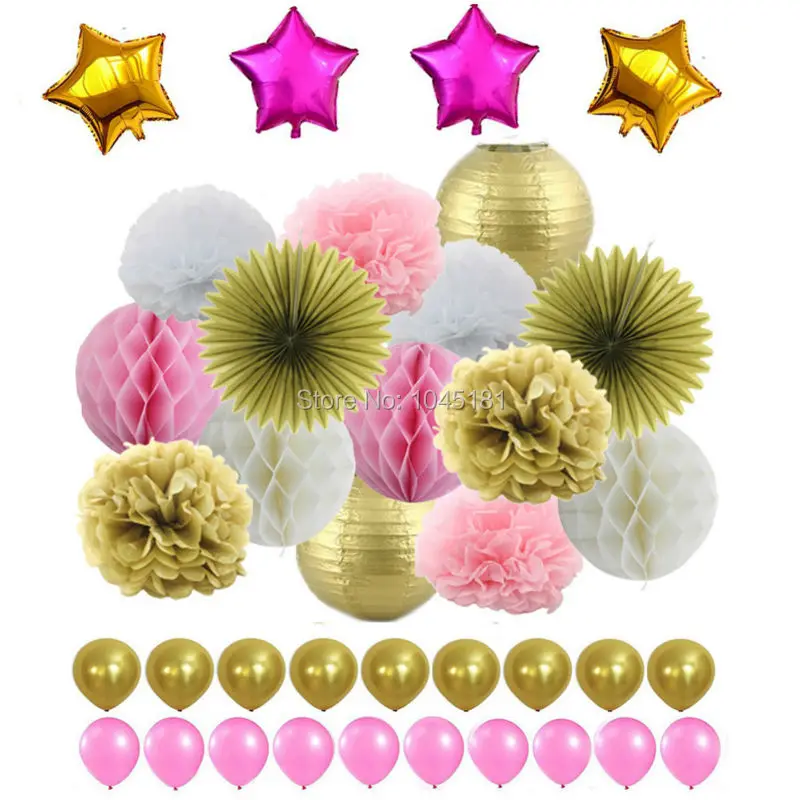 

Pink White Gold Paper Lanterns Honeycomb Balls Tissue Pom Poms Flower Fan,Foil Star&Latex Balloon Baby Shower Party Decorations