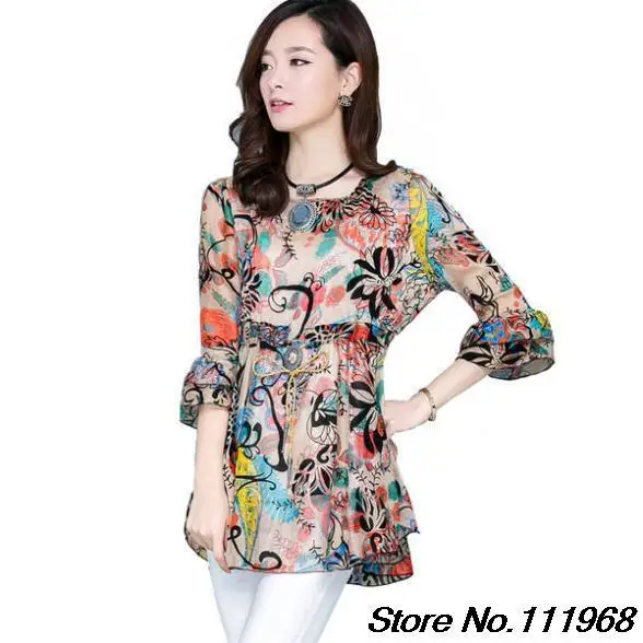 Blusas Femininas 2015 Chiffon Blouse Print Women Clothing Tops for Big Size Long Sheer Shirts LSY028 |
