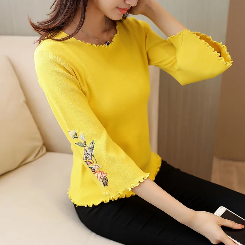 Женский трикотажный пуловер с вышивкой повседневный Свободный джемпер круглым