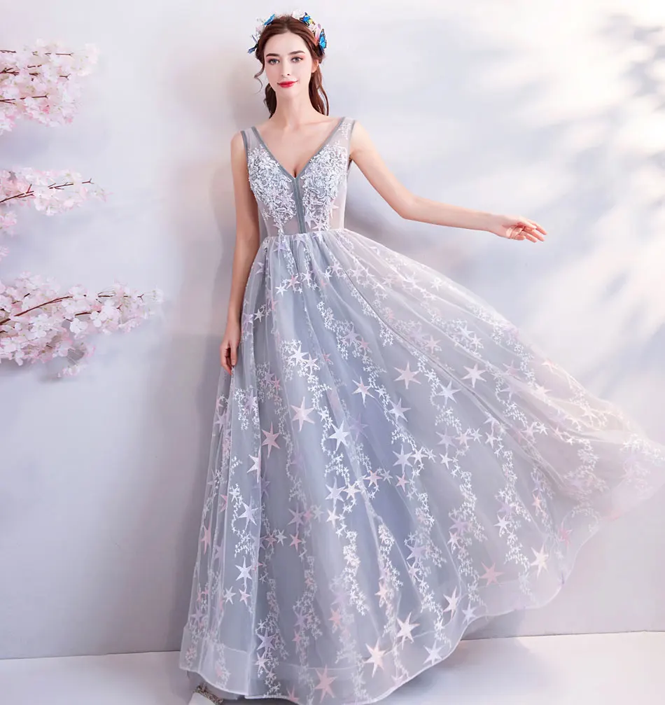 Женское вечернее платье SSYFashion серое без рукавов с v-образным вырезом кружевной