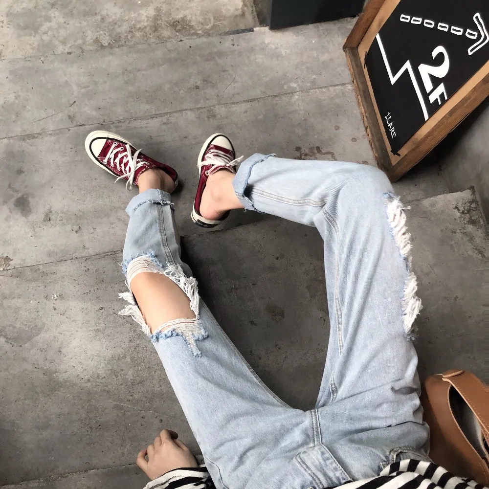 autumn 2018 Korean fashion casual pants ladies plus size ripped high waist jeans Streetwear Wide leg denim pans womens bottom |