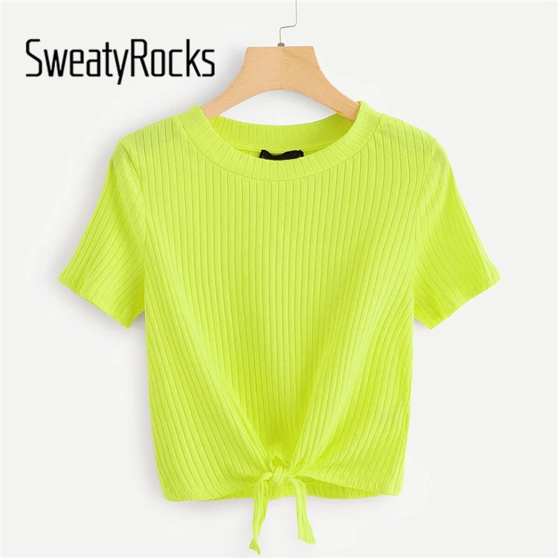 SweatyRocks неоновая цветная футболка с узлом спереди, стильная модная эластичная футболка, летняя повседневная женская желтая футболка и топы