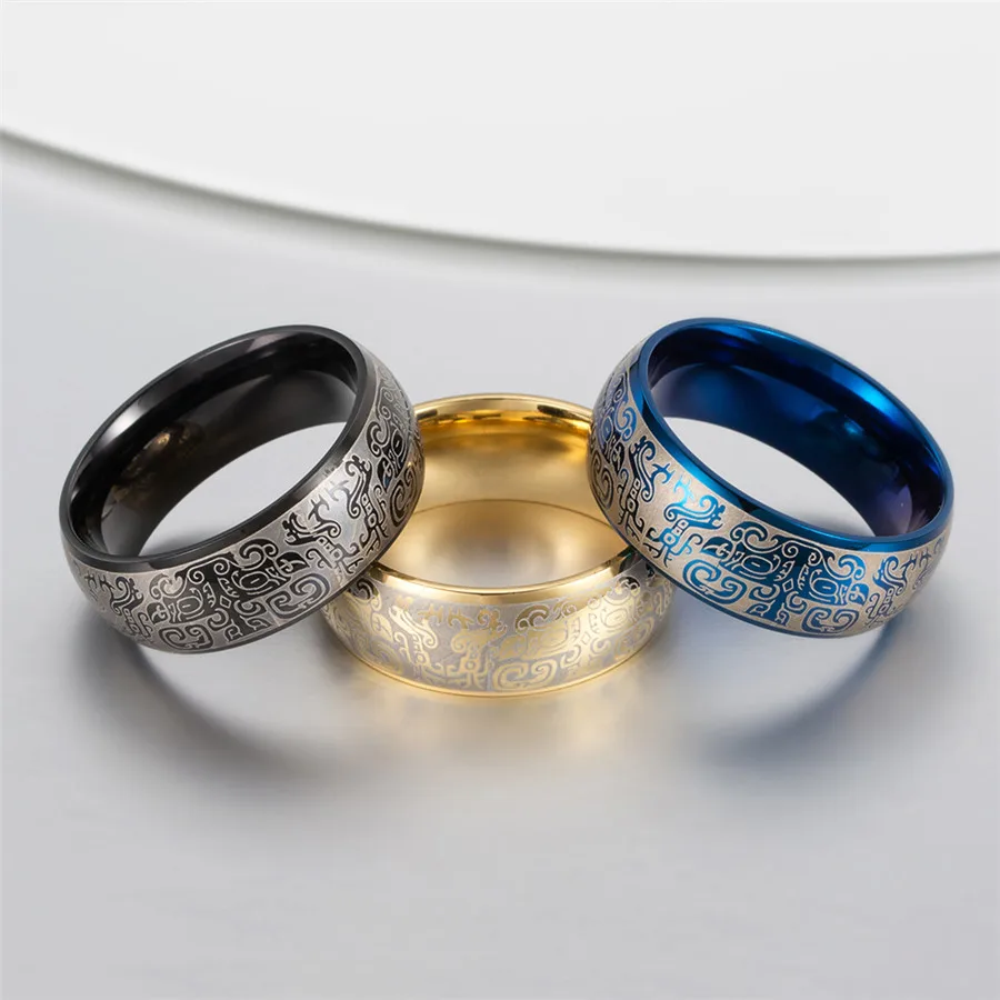 

Vintage Mythical Animals Black Rings Fashion Stainless Steel Chinese Dragon Punk Men's Ring Blue Gold Wedding Rings Gifts