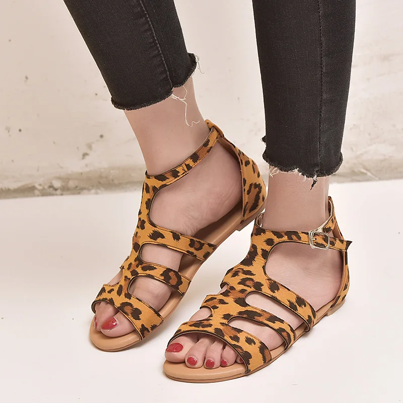 New Leopard Gladiator Women Hollow Flat Sandals Ladies Summer Slip on Cover Heel Buckle Slippers Shoes Plus Size 35-43 XWZ5859 | Обувь