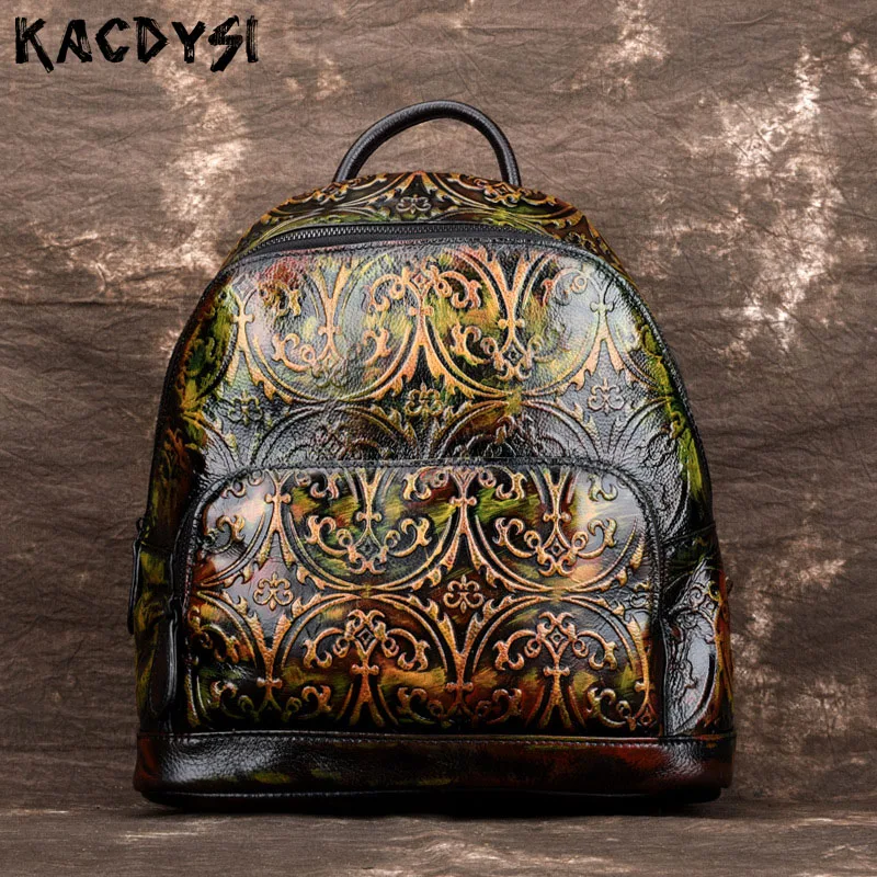Винтажный женский рюкзак из натуральной кожи с тиснением модный ручной работы