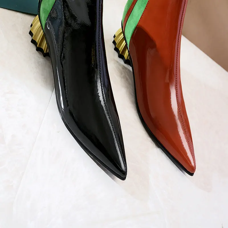 

Women genuine leather Ankle Boots strange med heels mixed colors Shoes woman Slip-on Party dress Shoes Woman pumps