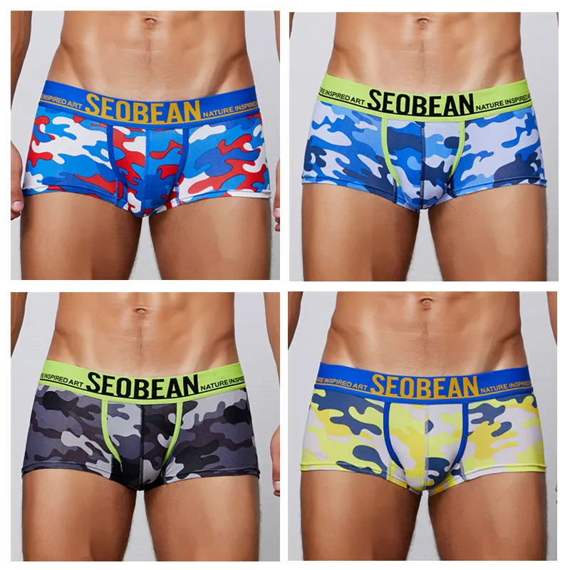 red blue gray yellow SEOBEAN, боксеры, шорты для мужчин s, 4 шт./партия, нижнее белье, боксеры, хлопок, мужские камуфляжные боксеры, мужское нижнее белье, партия - Цвет: red blue gray yellow