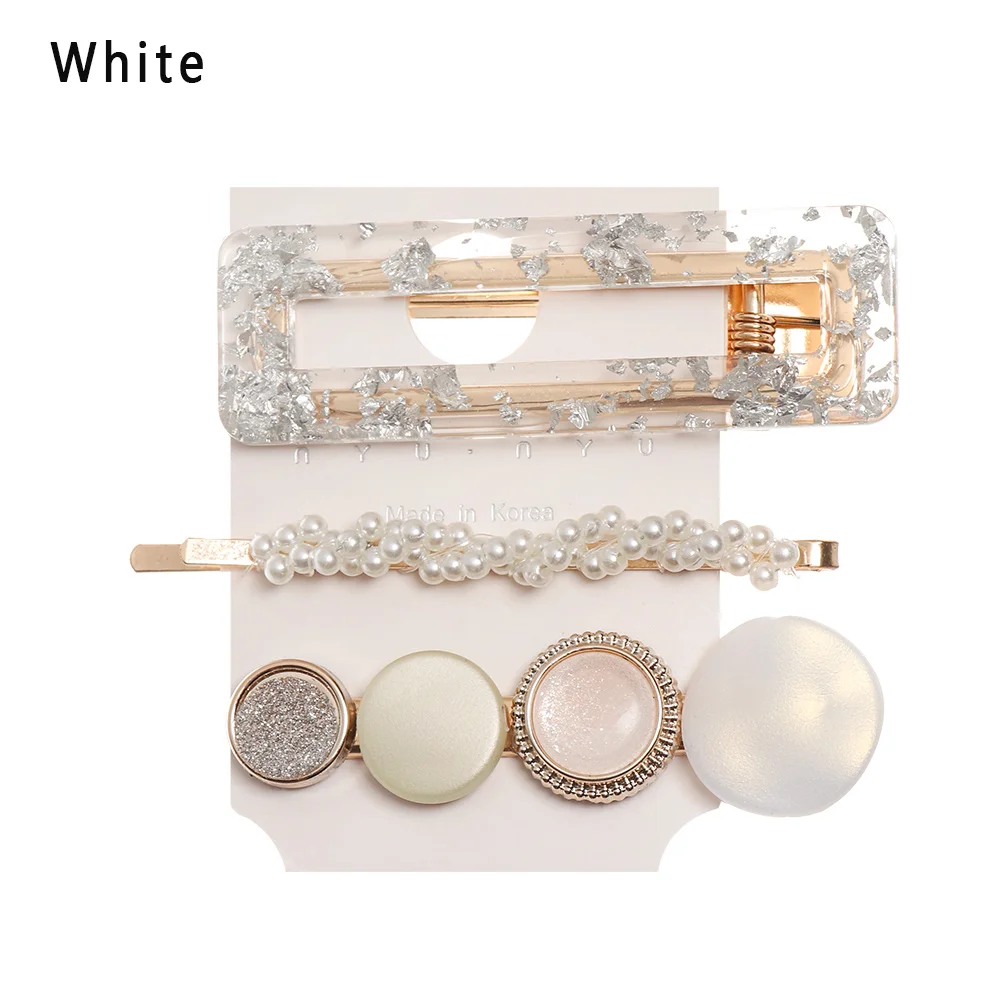 Белый 3PCS/Set Fashion Pearls Acetate Geometric Hair Clips For Women Girls Headband Sweet Hairpins Barrettes Hair Accessories Set - Цвет: Белый