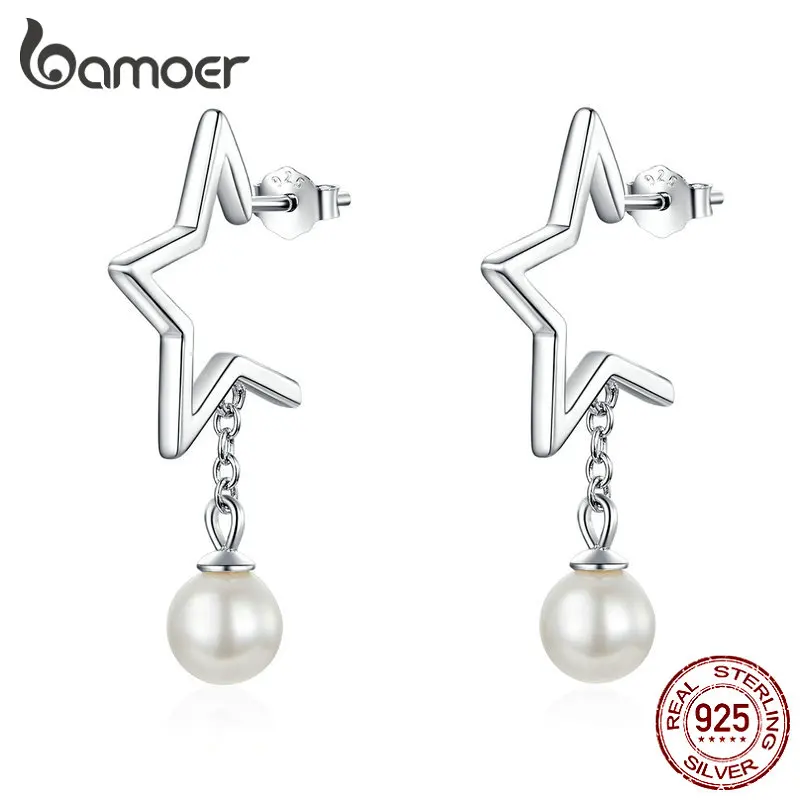 BAMOER, 925 пробы, серебряная звезда, висячие серьги для женщин, жемчужные Висячие серьги для женщин, Свадебные Элегантные ювелирные изделия BSE105