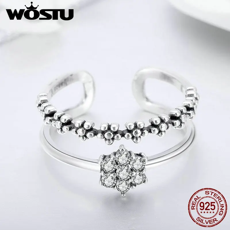 WOSTU Настоящее 925 пробы серебро Штабелируемый цветок открытые кольца на палец для