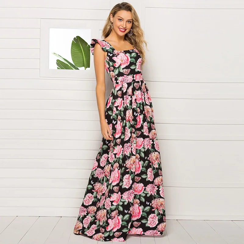 

Women sleeveless square collar frill floral maxi dress sukienka summer dresses and sundresses Ladies party frocks