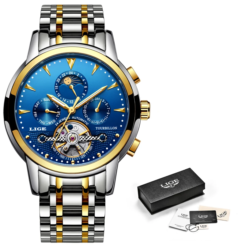 

Relogio Masculino Men's Automatic Mechanical Watch LIGE Top Brand Luxury Men's Fashion Business Watch Men Waterproof Watch+Box