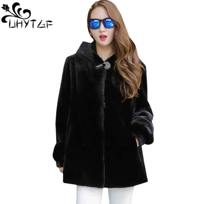 UHYTGF 4XL Loose Size Jacket Women Fashion Imitation Mink Fur Autumn Winter Fur Outewear Elegant Lady Hooded Warm Long Coat 1126