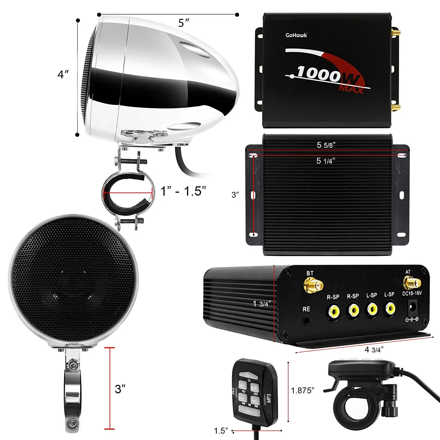 Aileap 1000W мотоцикл аудио 4 канальный усилитель колонки Системы, Поддержка, Bluetooth, AUX, FM радио, sd-карта, USB Стик(хром