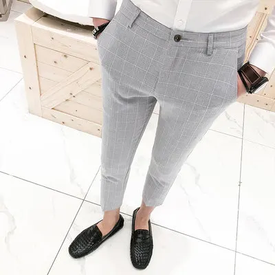 Light Gray Мужские брюки летние тонкие стильные клетчатые укороченные брюки мужские удобные мягкие Черные Серые английские повседневные облегающие брюки мужские - Цвет: Light Gray