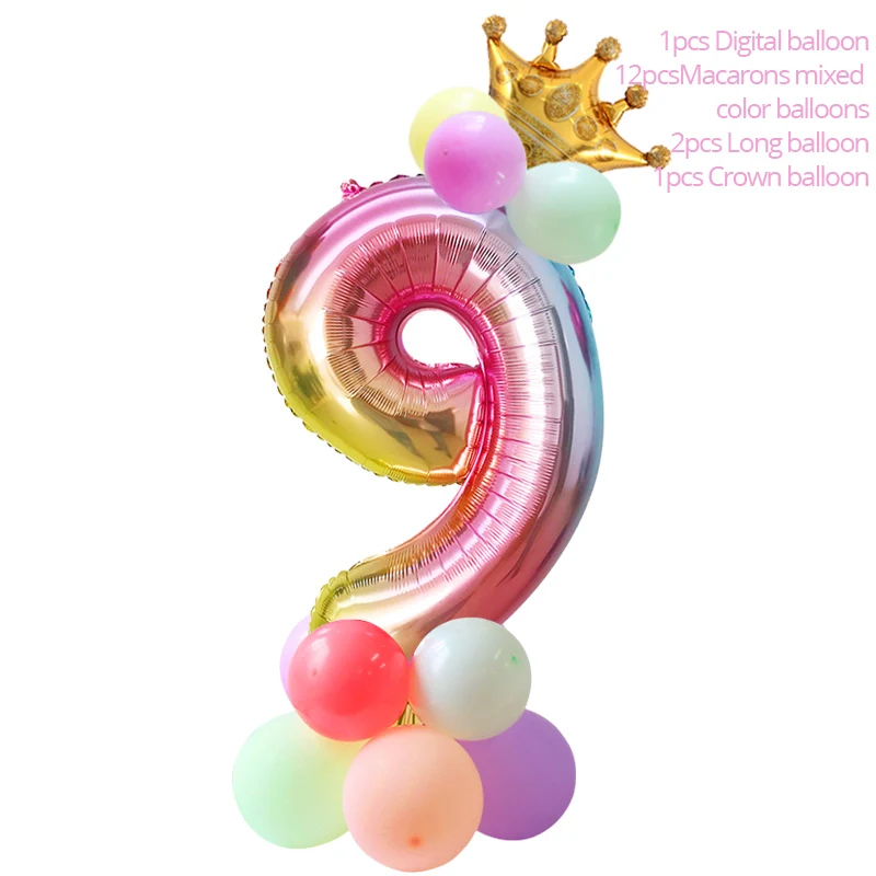 balloon crown 9 Радужный шар с цифрами, единорог, воздушные шары, единорог, вечерние наборы шариков из фольги, украшения для дня рождения, Детские вечерние шары для мальчиков и девочек - Цвет: balloon crown 9