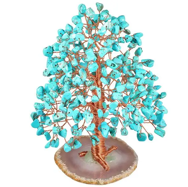 Green Turquoise Кристальная Рождественская денежная елка на натуральном агатовом слое, ручная работа, каменная фигурка бонсай, украшение для богатства и удачи - Цвет: Green Turquoise