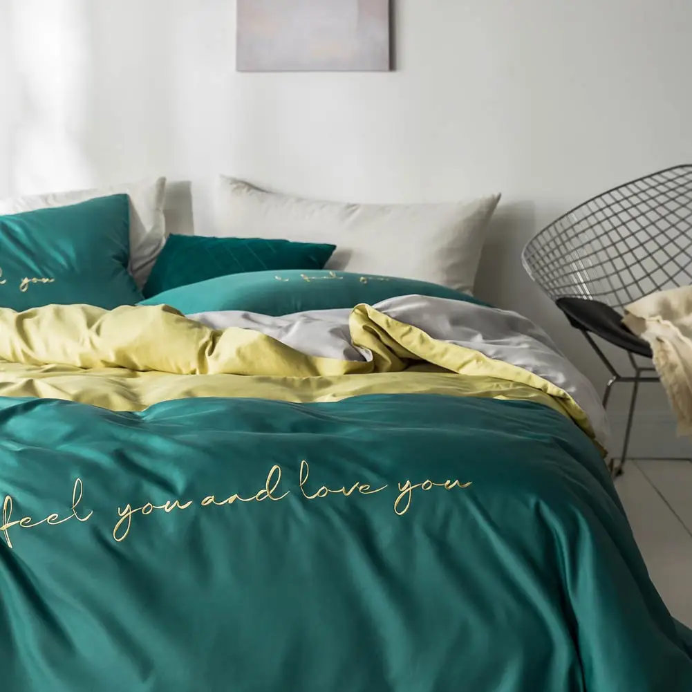 Nordic Light Green Dark INS Embroidery Bedlinens Artificial Silk Satin Duvet Cover Set Queen King Bedsheet Bedding Set
