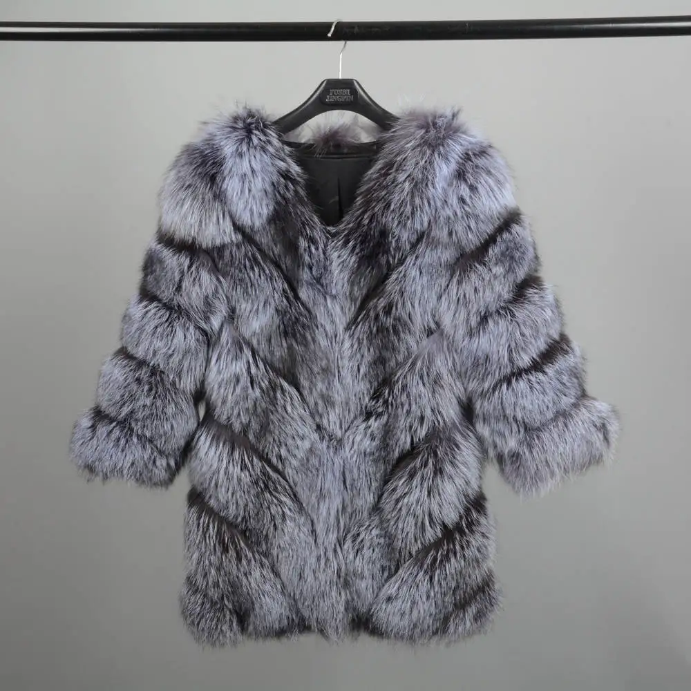 Silver Fox Куртка из натурального Лисьего меха женская модная Роскошная стильная зимняя Толстая теплая меховая верхняя одежда высокого качества S7152 - Цвет: Silver Fox
