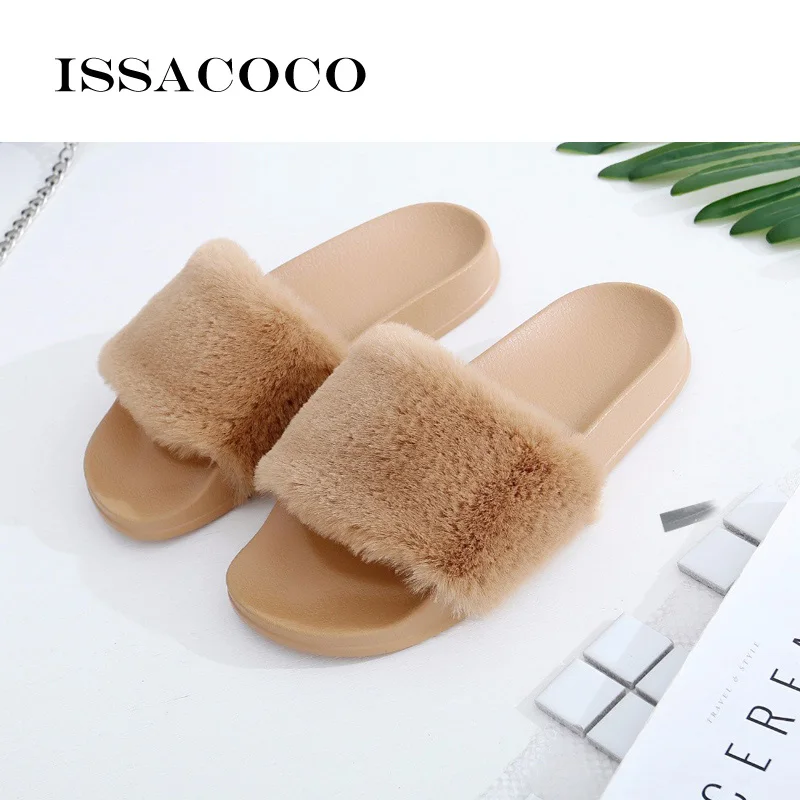 Light Brown ISSACOCO/женские пушистые тапочки; женские милые плюшевые пушистые тапочки с лисьим мехом; женские меховые тапочки; зимние теплые тапочки для женщин - Color: Light Brown