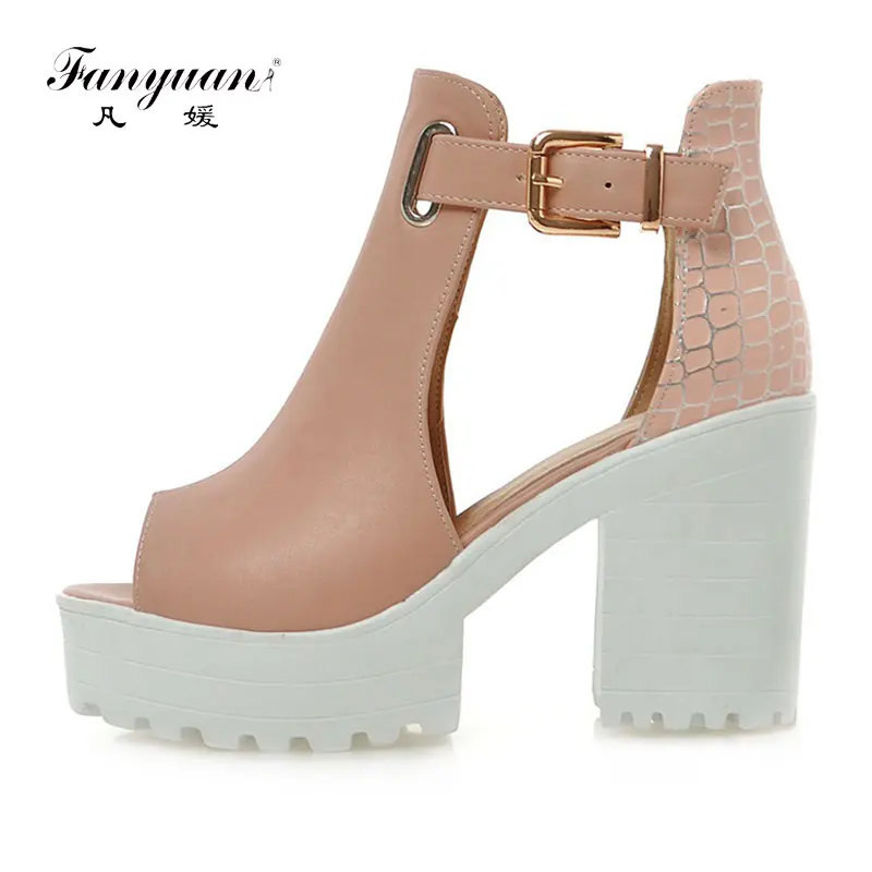 

Fanyuan Classy Design Women's Platform high heels Casual Buckle Ladies Sandals shoes white pink blue Print Female's Footwear
