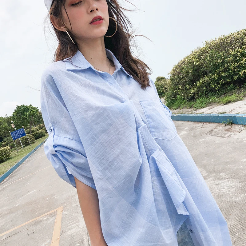 Mishow Летняя новая повседневная свободная синяя клетчатая рубашка с классическим