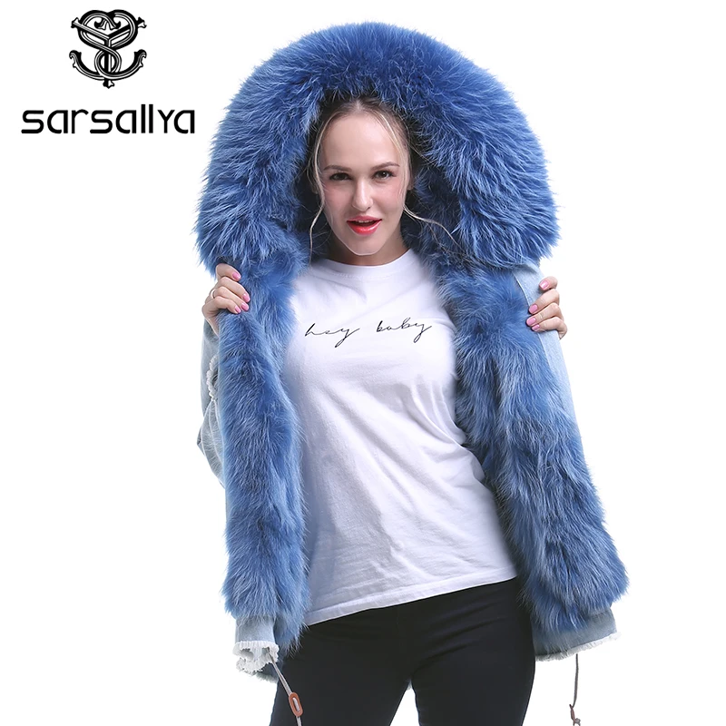 Sarsallya натуральным мехом джинсовая куртка женская из меха енота пальто парки