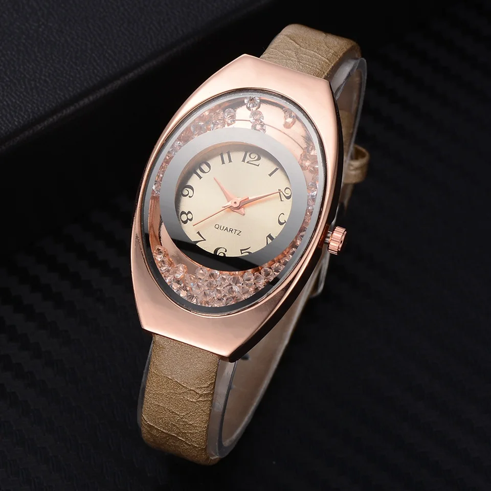 Женский браслет с кожаным ремешком Спортивные кварцевые наручные часы стразы