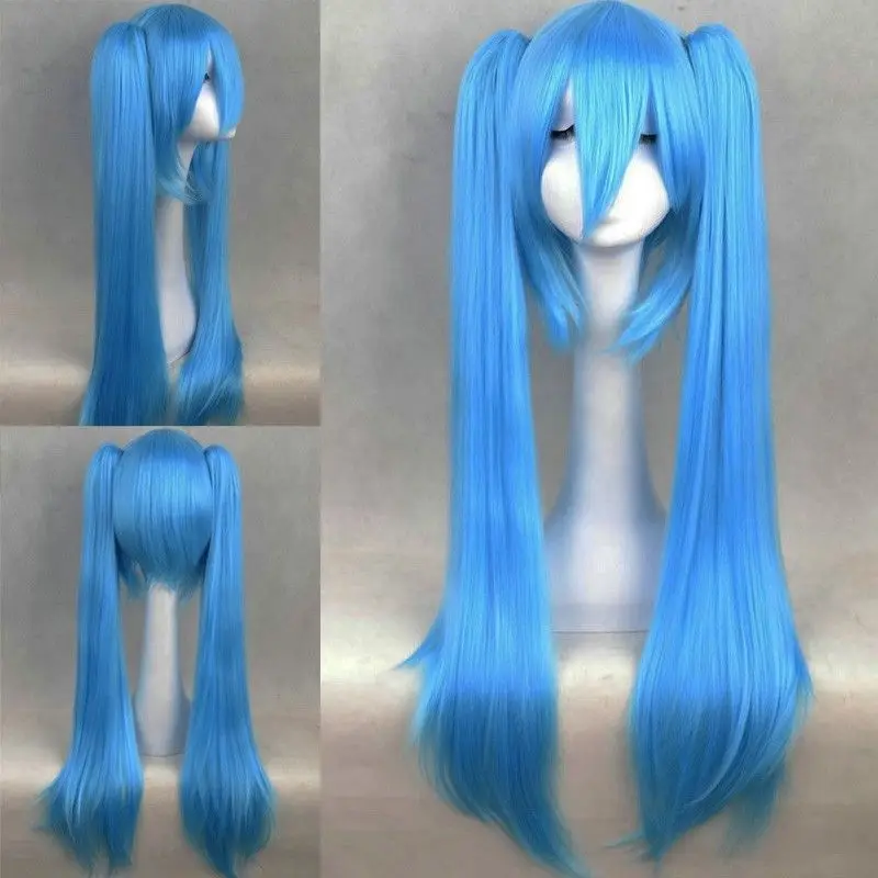 Длинные Голубые Miku 2 Ponytails Косплей Парик полный волос стойкий |