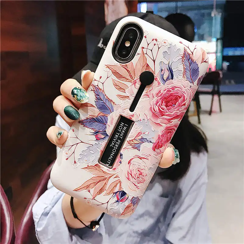 F Чехол для телефона с петельным кольцом для Apple iPhone 11 Pro XS Max XR X 6 6S 7 8 Plus, Модный чехол-подставка с цветами и листьями - Цвет: F