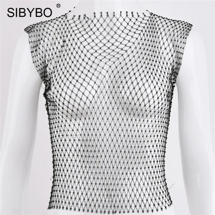 Black O-Neck Женский укороченный топ в сеточку Sibybo, открытая майка без рукавов, пляжная футболка с бриллиантами, короткая камисоль для ночного клуба и вечеринок летом - Цвет: Black O-Neck