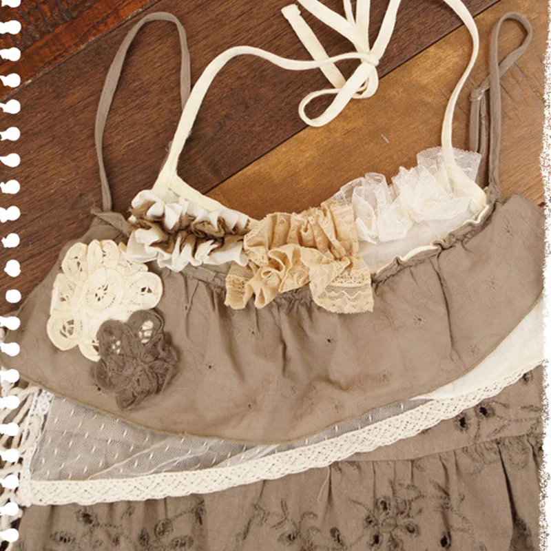 

Japanese Summer Flower Aqqliques Lace Ruffles Hem Sleeveless Dress Spaghetti Straps Cotton Kawaii Mini Dresses Female A011