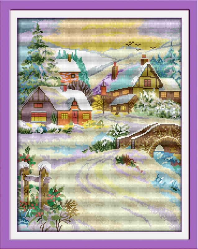 

Gorgeous snow-covered landscape cross stitch kit 14ct 11ct count printed canvas stitching embroidery DIY handmade needlework